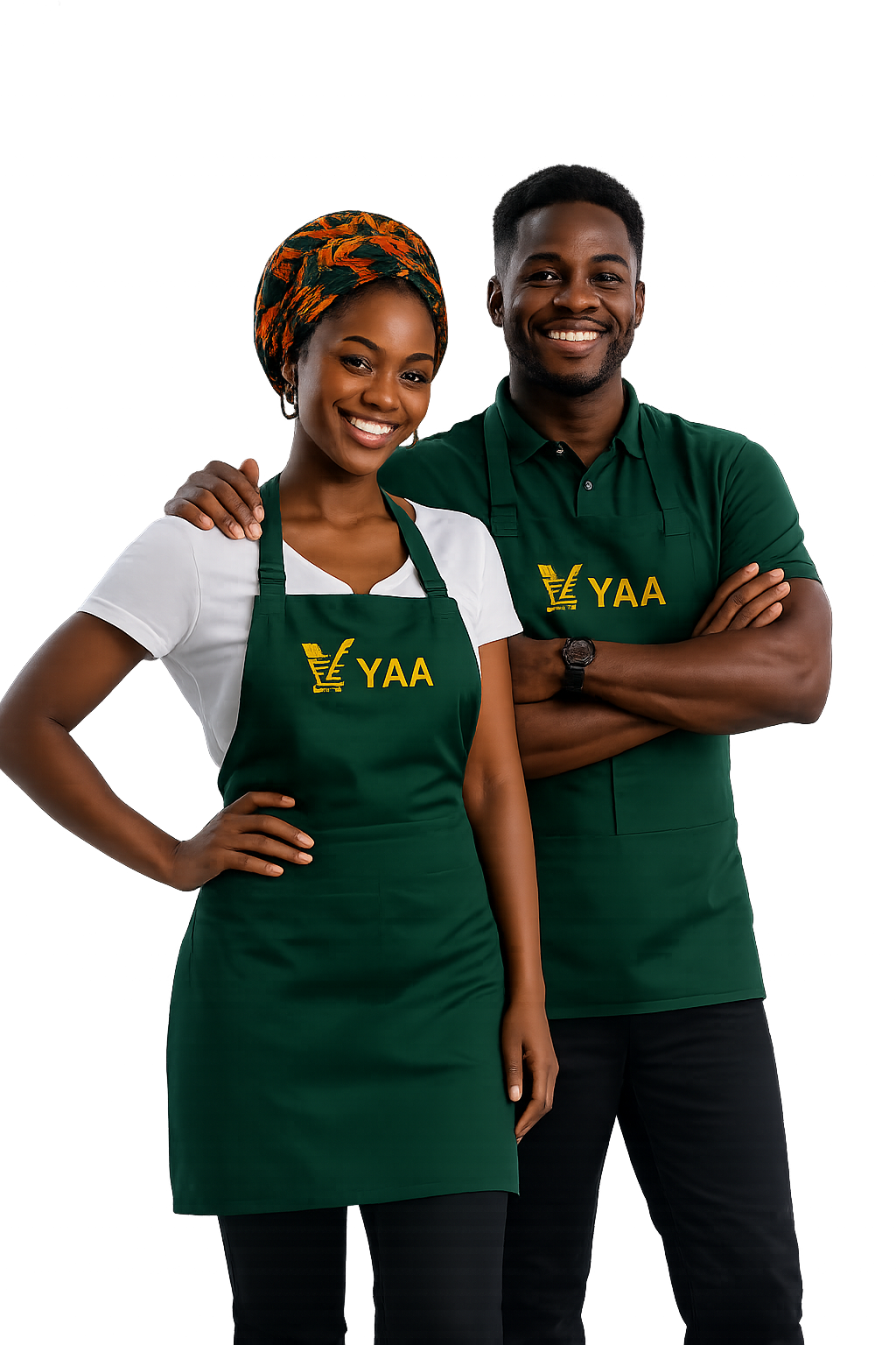 Couple d'entrepreneurs YAA avec tabliers de marque